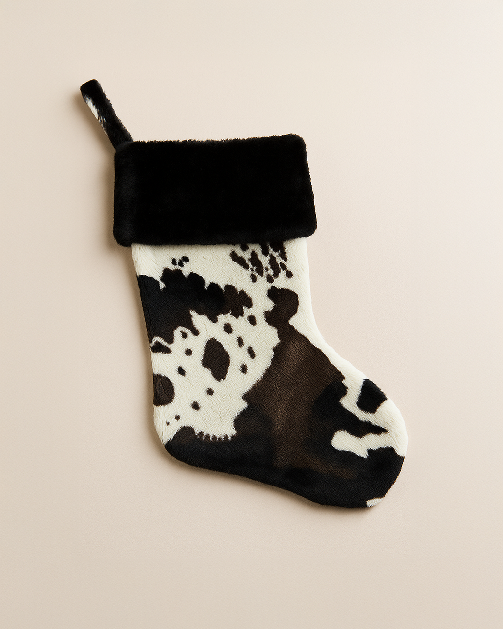 Plush Cow Print Christmas Stocking with Fur Cuff – Western Christmas Decor, Farmhouse Holiday Mantel Stocking, Modern Rustic Christmas