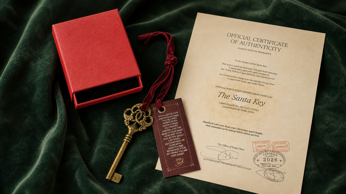 A vintage-style Santa Key authenticity key with a red cord and tag lies beside an official certificate of authenticity and a red presentation box on a dark green velvet fabric background.