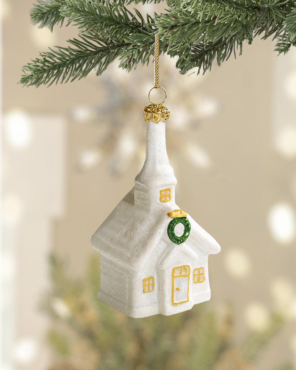 Shatterproof White and Gold Church Christmas Tree Ornament