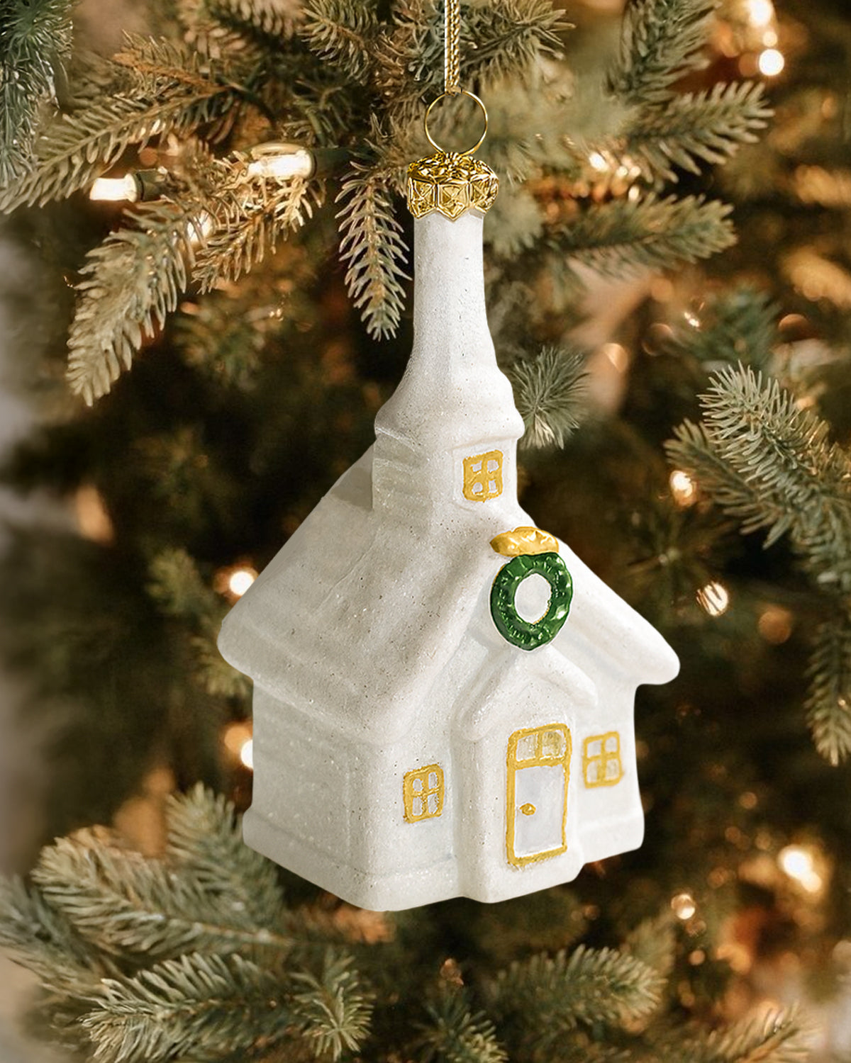 Shatterproof White and Gold Church Christmas Tree Ornament