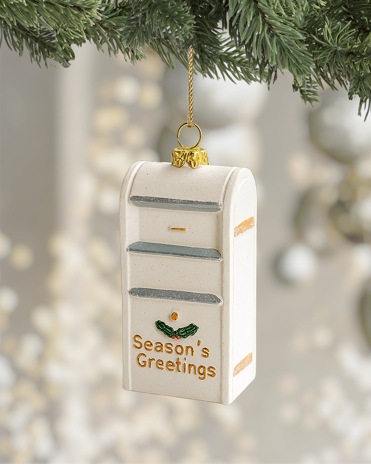 Shatterproof White and Gold Mailbox Christmas Tree Ornament
