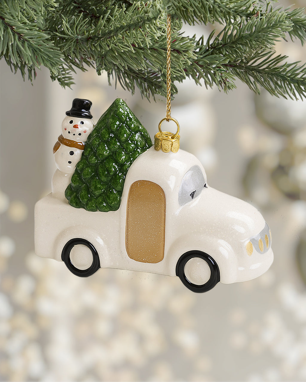 Shatterproof White and Gold Truck Christmas Tree Ornament