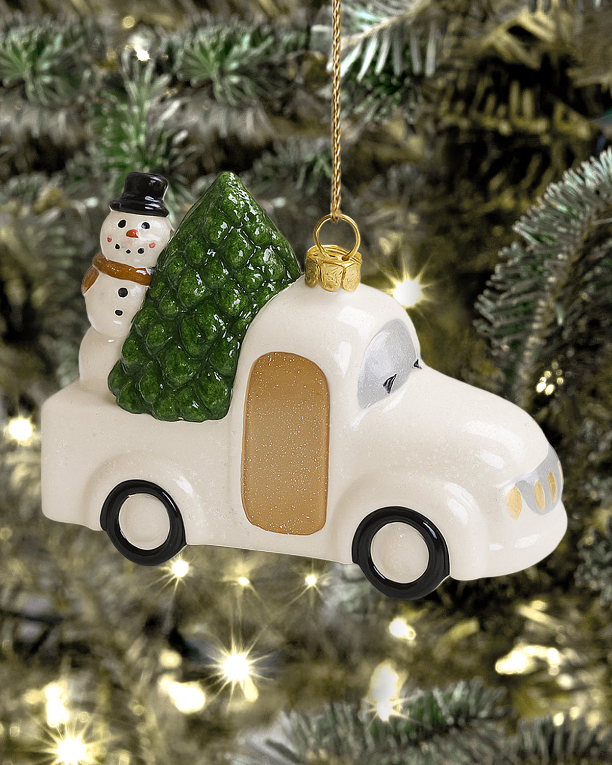 Shatterproof White and Gold Truck Christmas Tree Ornament
