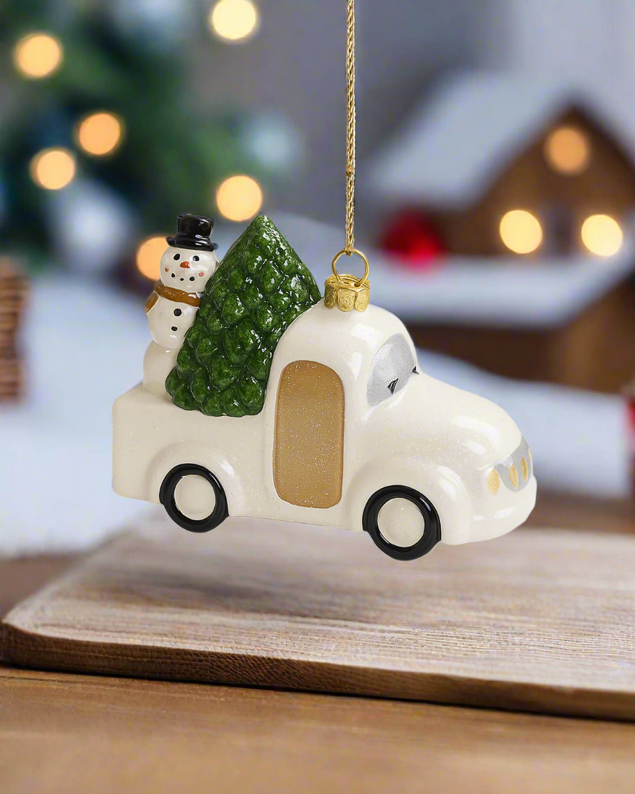 Shatterproof White and Gold Truck Christmas Tree Ornament