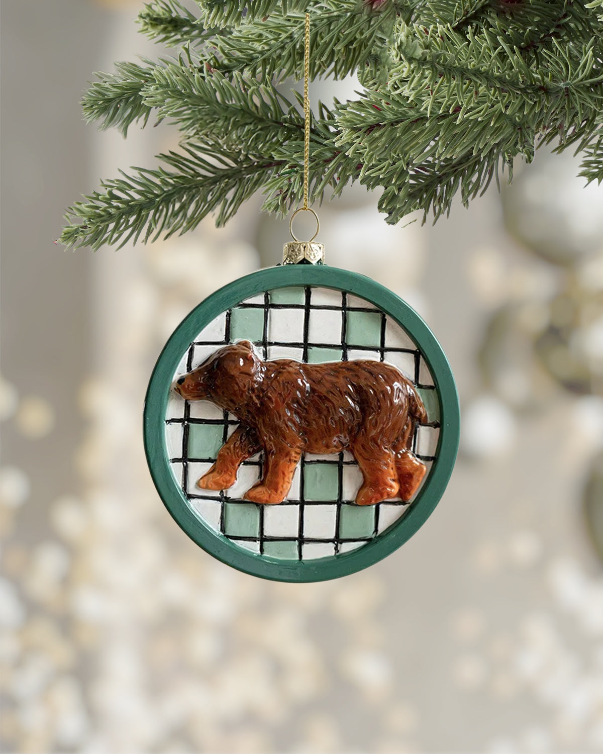 Shatterproof Wintergreen Bear Checkered Christmas Ornament