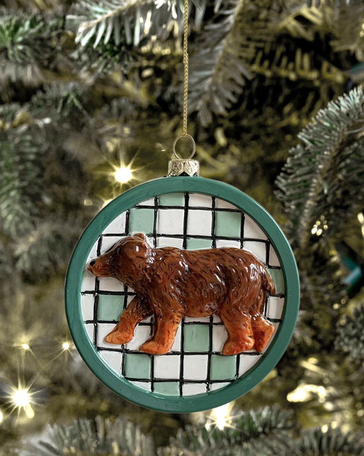 Shatterproof Wintergreen Bear Checkered Christmas Ornament