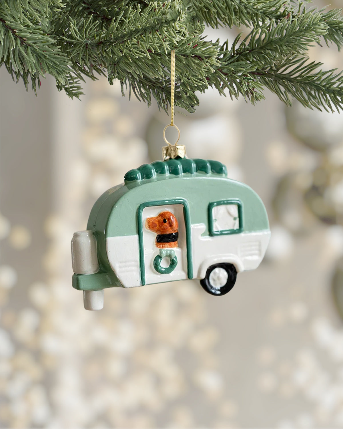 Shatterproof Wintergreen Dog Camper Christmas Ornament