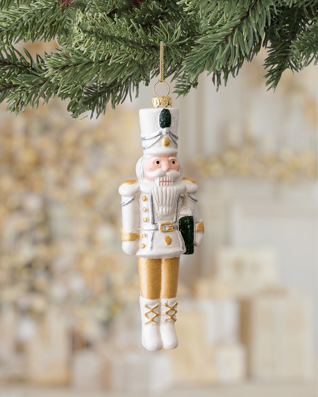 Shatterproof White and Gold Nutcracker Christmas Tree Ornament