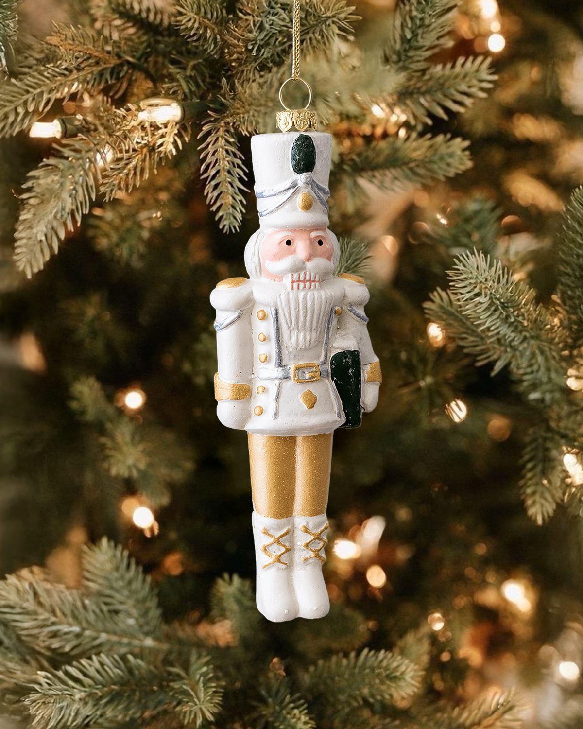 Shatterproof White and Gold Nutcracker Christmas Tree Ornament