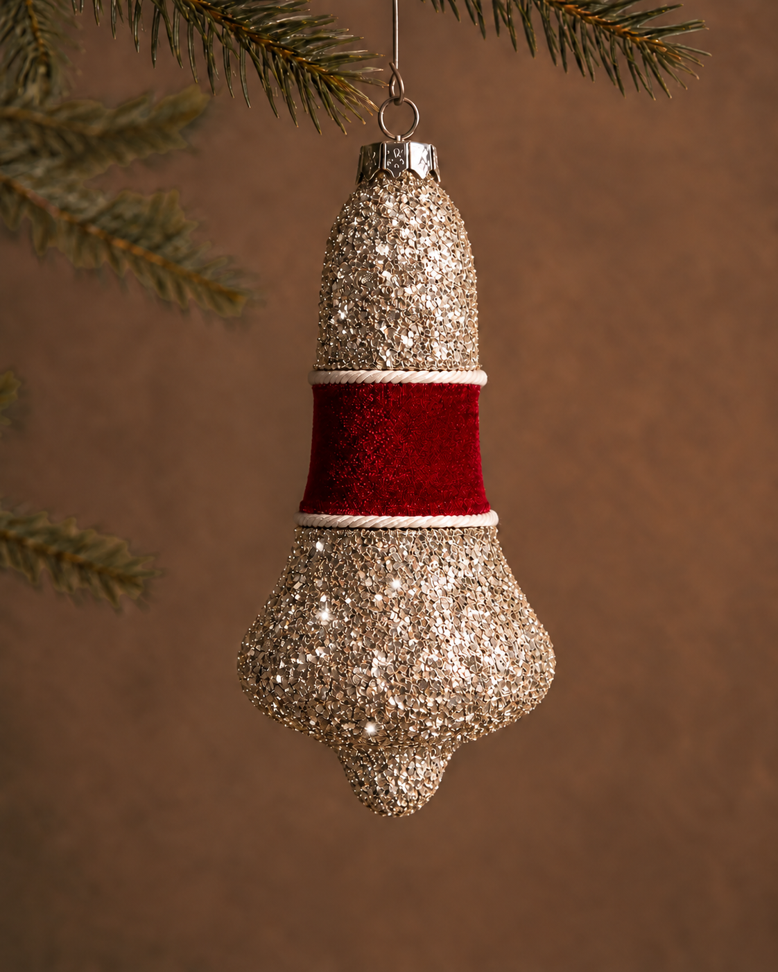 Old-World Glass-Coated Burgundy Bell Ornament