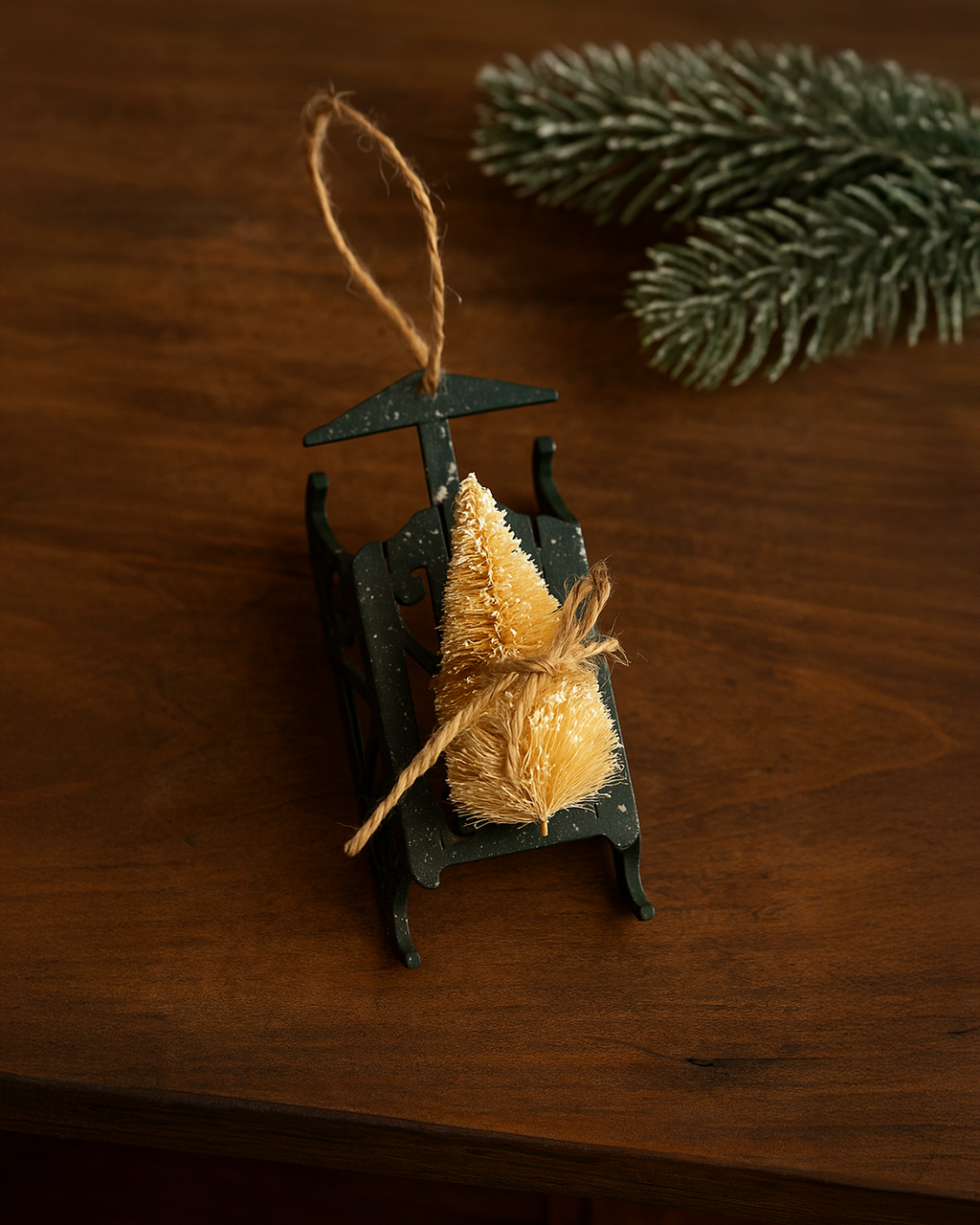 6” Wood Sleigh with Bottlebrush Christmas Tree Ornament Vintage Green Wooden Sled Ornament – Bottle Brush Tree Decor