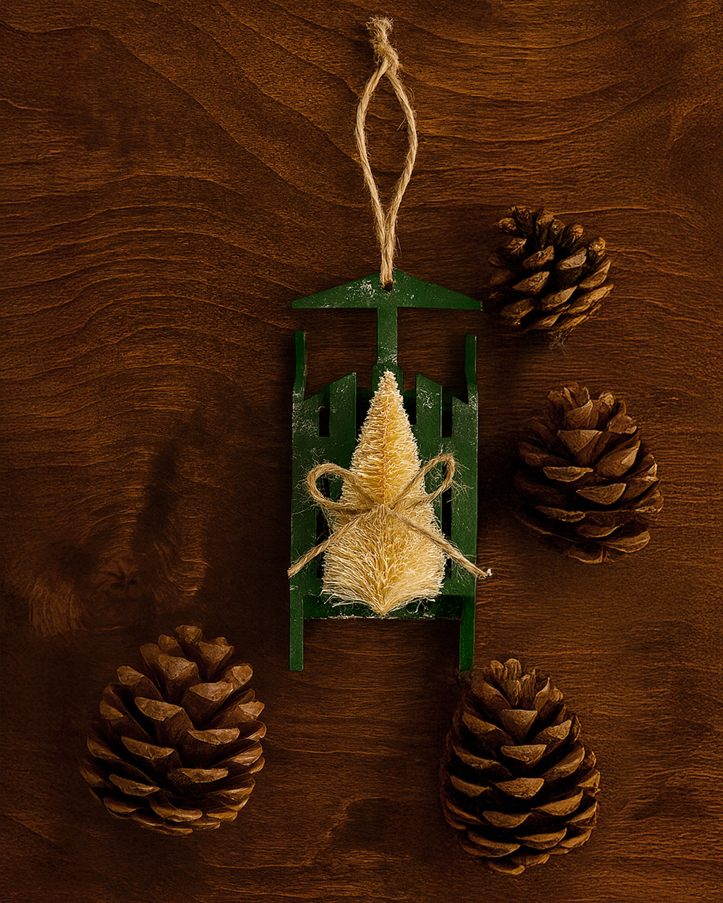 6” Wood Sleigh with Bottlebrush Christmas Tree Ornament Vintage Green Wooden Sled Ornament – Bottle Brush Tree Decor