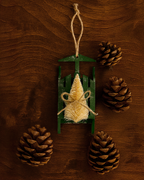 6” Wood Sleigh with Bottlebrush Christmas Tree Ornament Vintage Green Wooden Sled Ornament – Bottle Brush Tree Decor