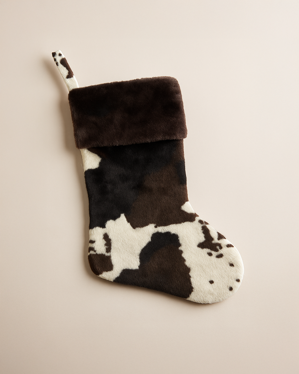Plush Cow Print Christmas Stocking with Fur Cuff – Western Christmas Decor, Farmhouse Holiday Mantel Stocking, Modern Rustic Christmas