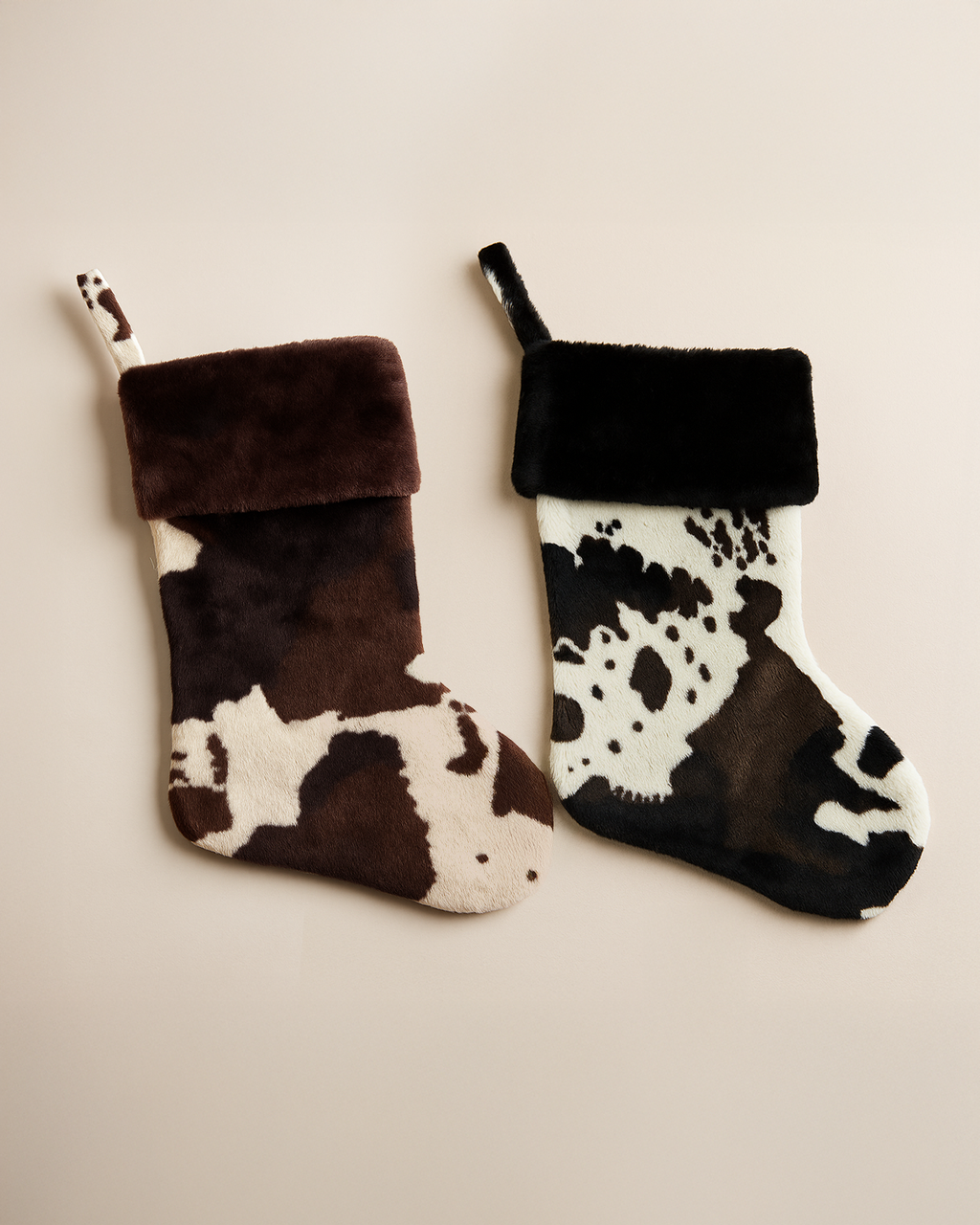 Plush Cow Print Christmas Stocking with Fur Cuff – Western Christmas Decor, Farmhouse Holiday Mantel Stocking, Modern Rustic Christmas