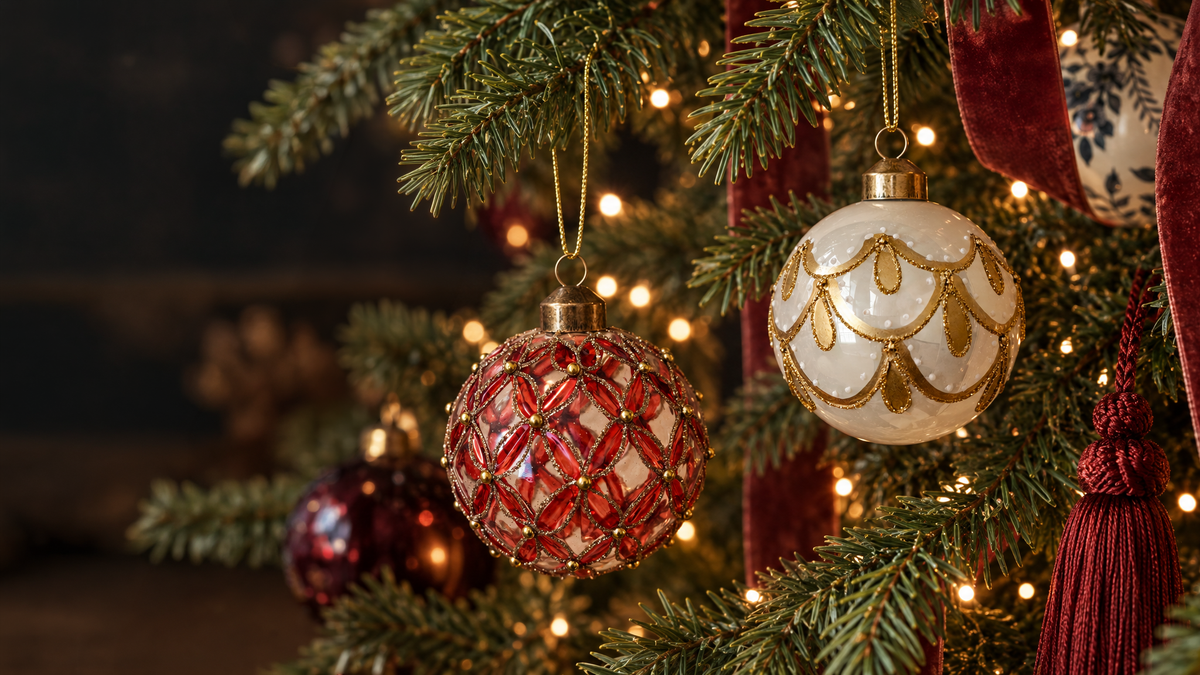 Red petal and ivory and gold glass ornaments styled among fir branches and burgundy ribbon.