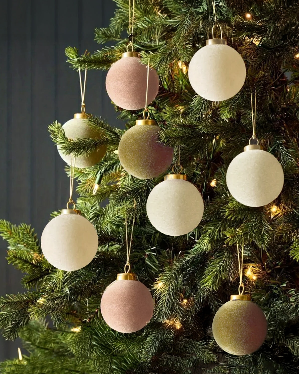 Flocked Velvet Christmas Ball Ornaments in Neutral Tones (Set of 9)