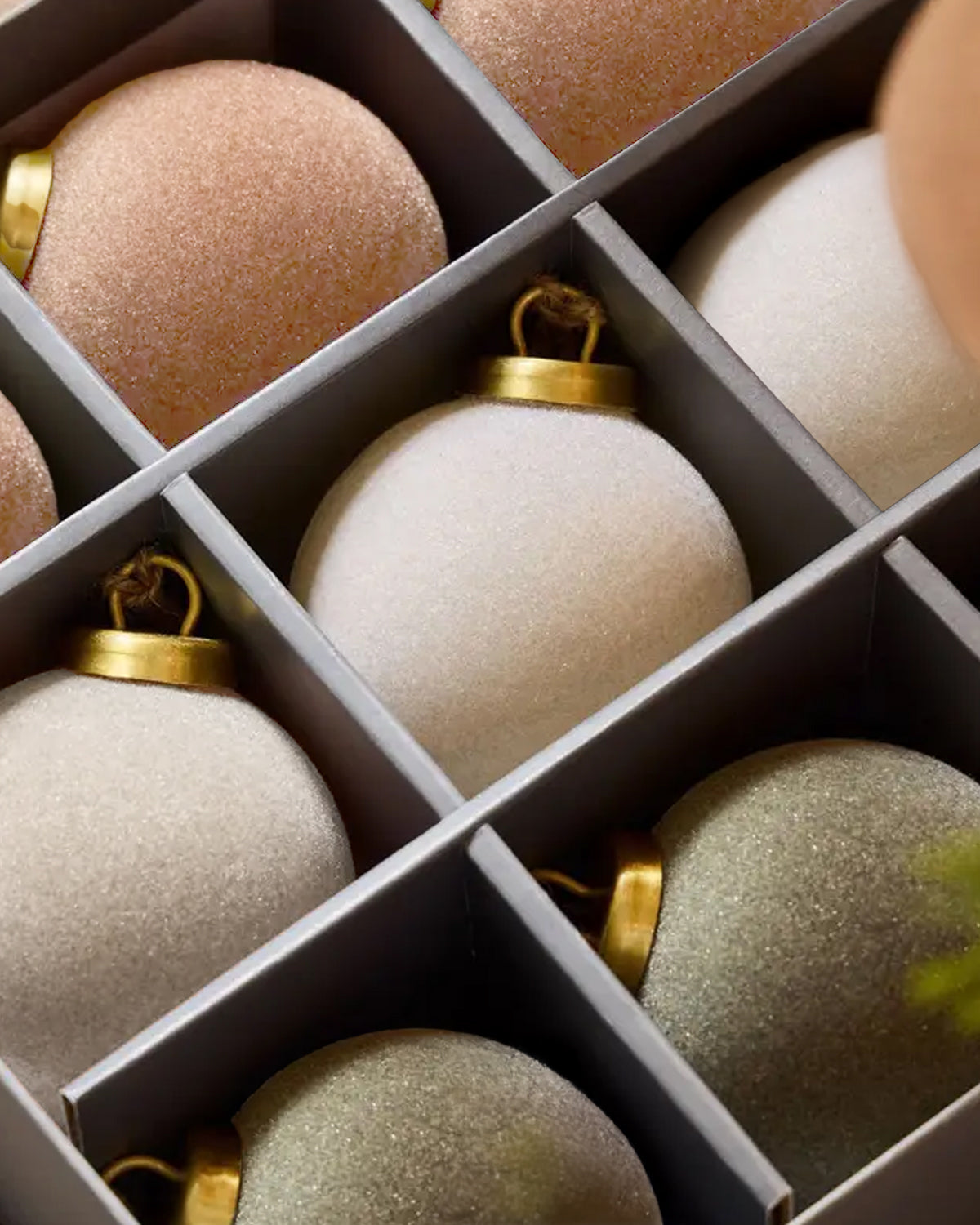 Flocked Velvet Christmas Ball Ornaments in Neutral Tones (Set of 9)