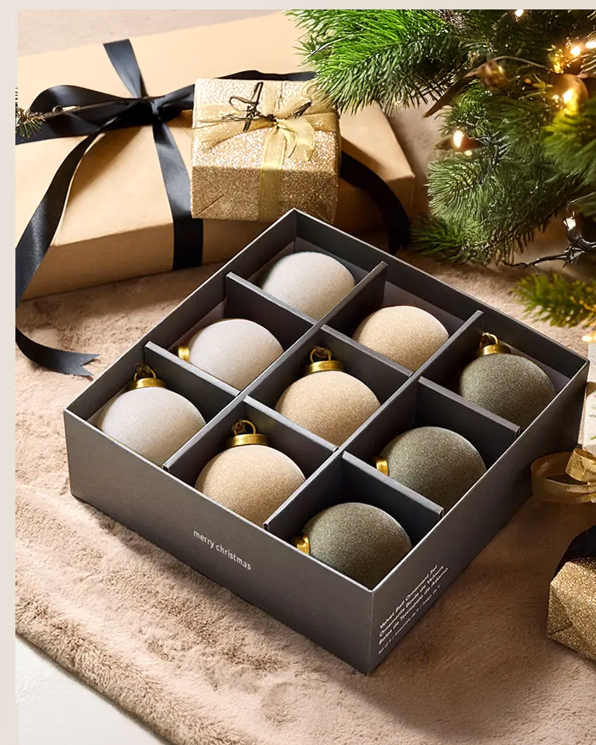 Flocked Velvet Christmas Ball Ornaments in Neutral Tones (Set of 9)