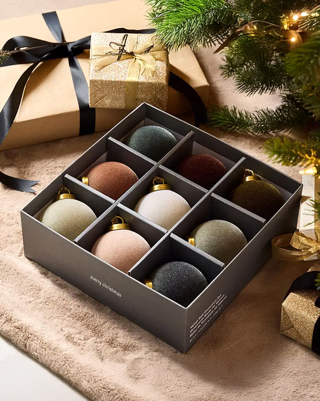 Flocked Velvet Christmas Ball Ornaments with Mixed Colors (Set of 9)
