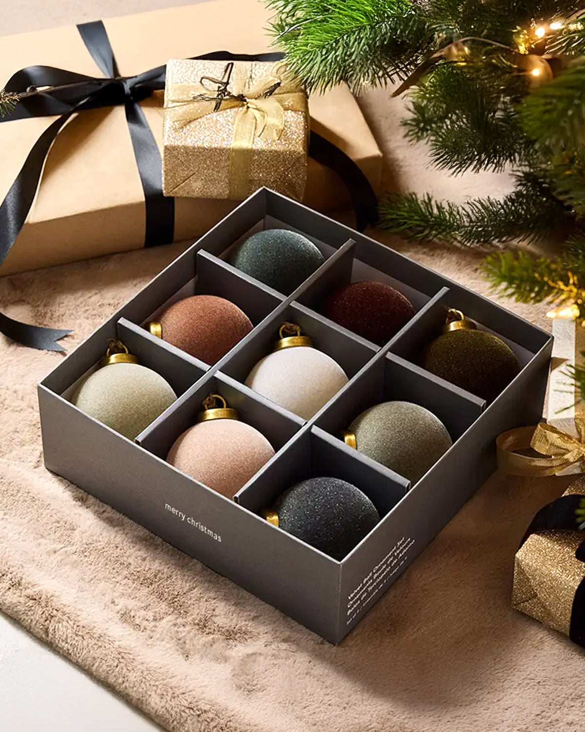Flocked Velvet Christmas Ball Ornaments with Mixed Colors (Set of 9)