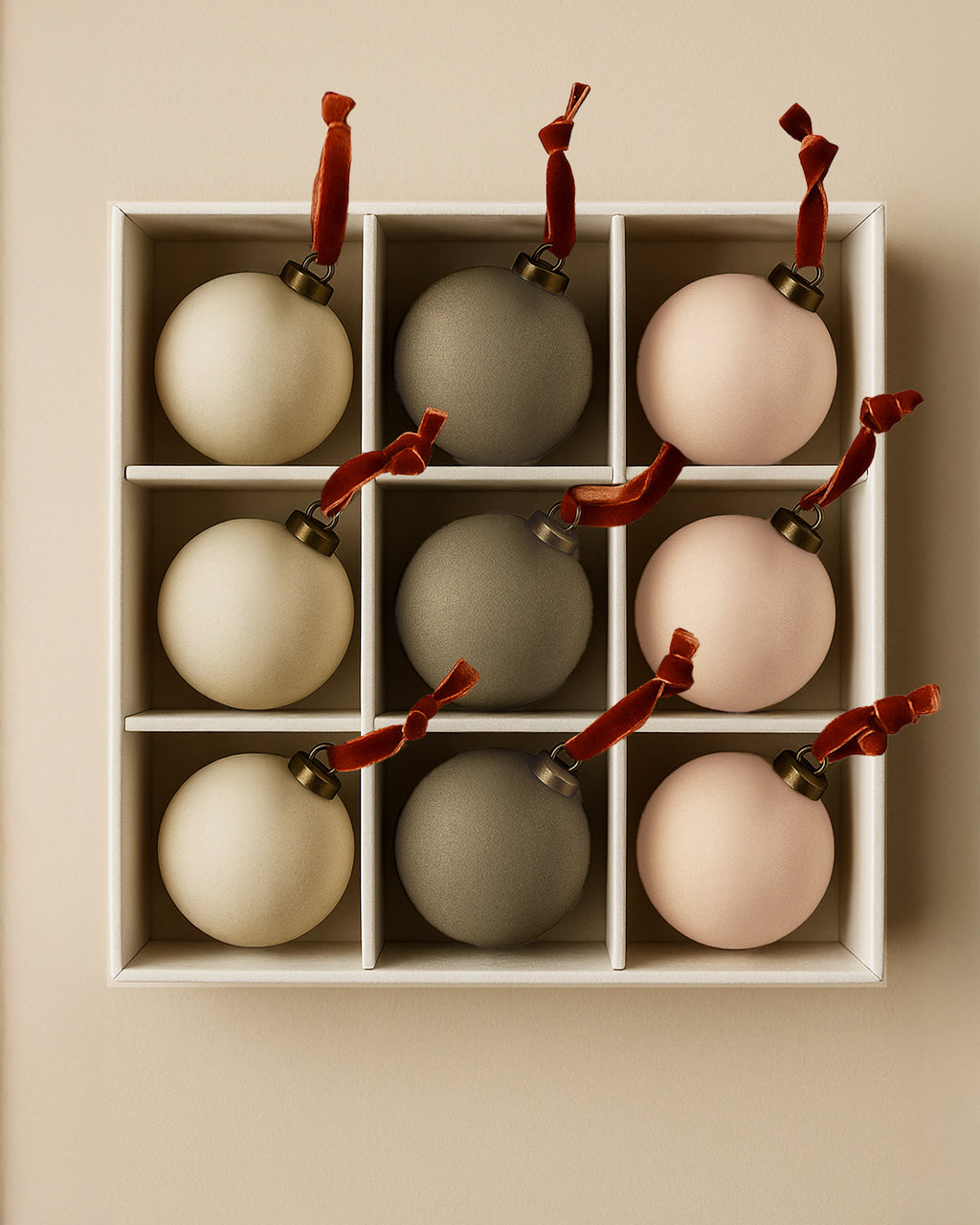 Flocked Velvet Christmas Ball Ornaments in Neutral Tones (Set of 9)