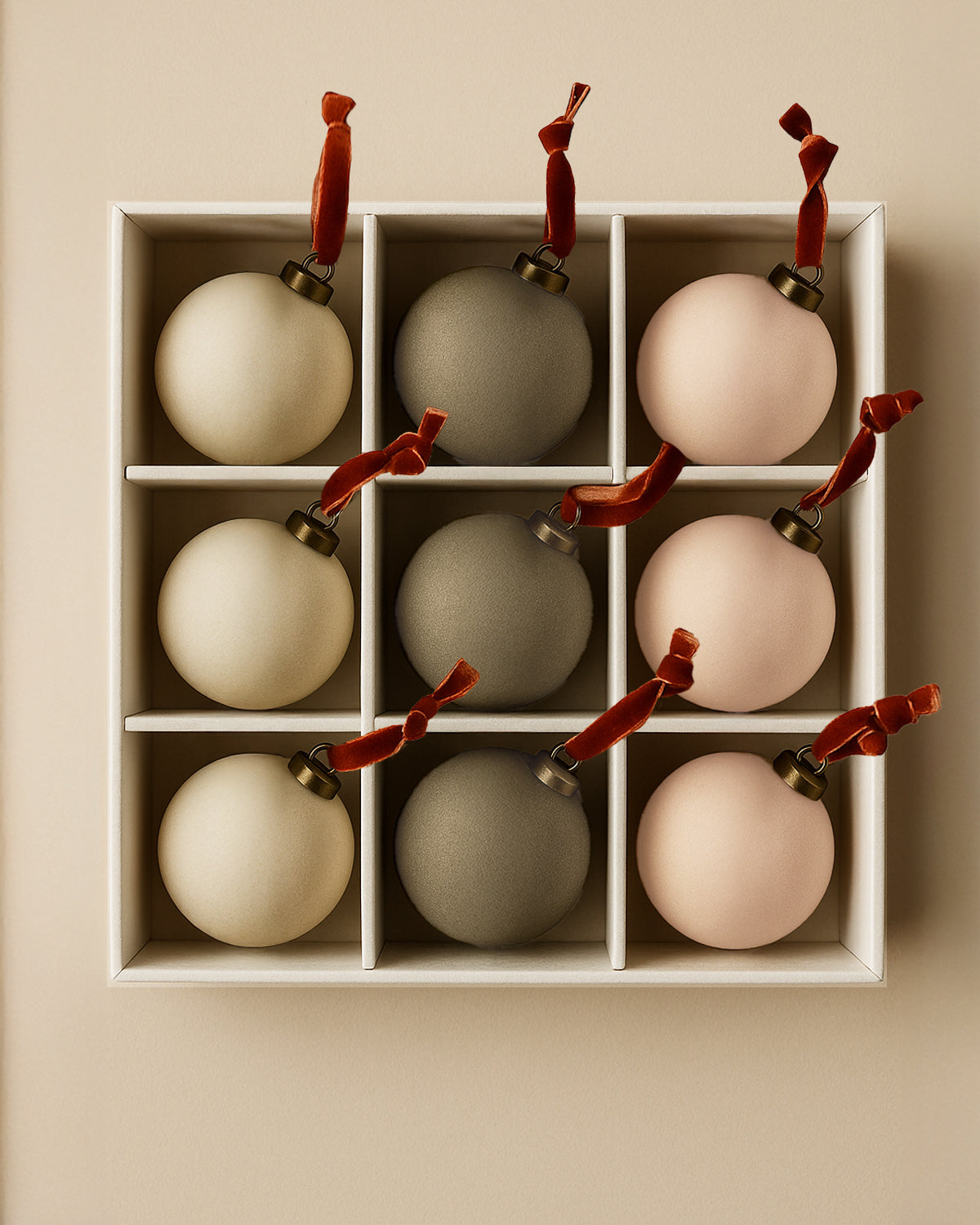 Flocked Velvet Christmas Ball Ornaments in Neutral Tones (Set of 9)