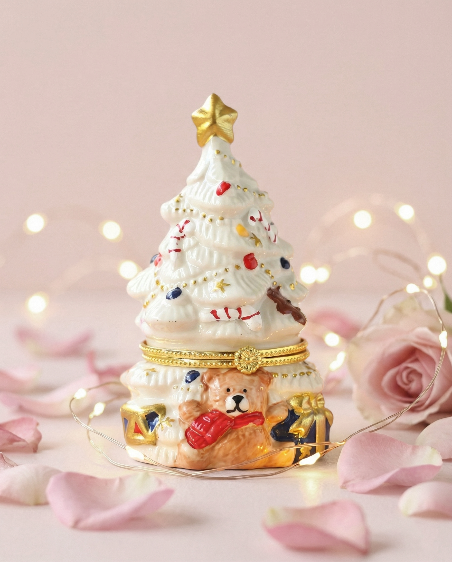 Vintage Ceramic Christmas Tree Trinket Box, Holiday Teddy Bear