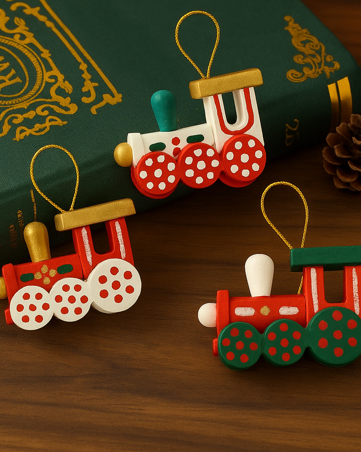 Hand-Painted Mini Wooden Train Christmas Ornament Box Set (Set of 6)