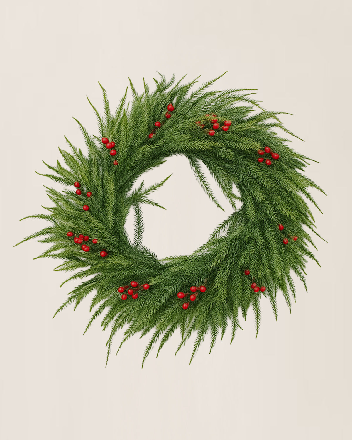 18" Norfolk Pine Realistic Christmas Wreath with Red Berries – Holiday Decor