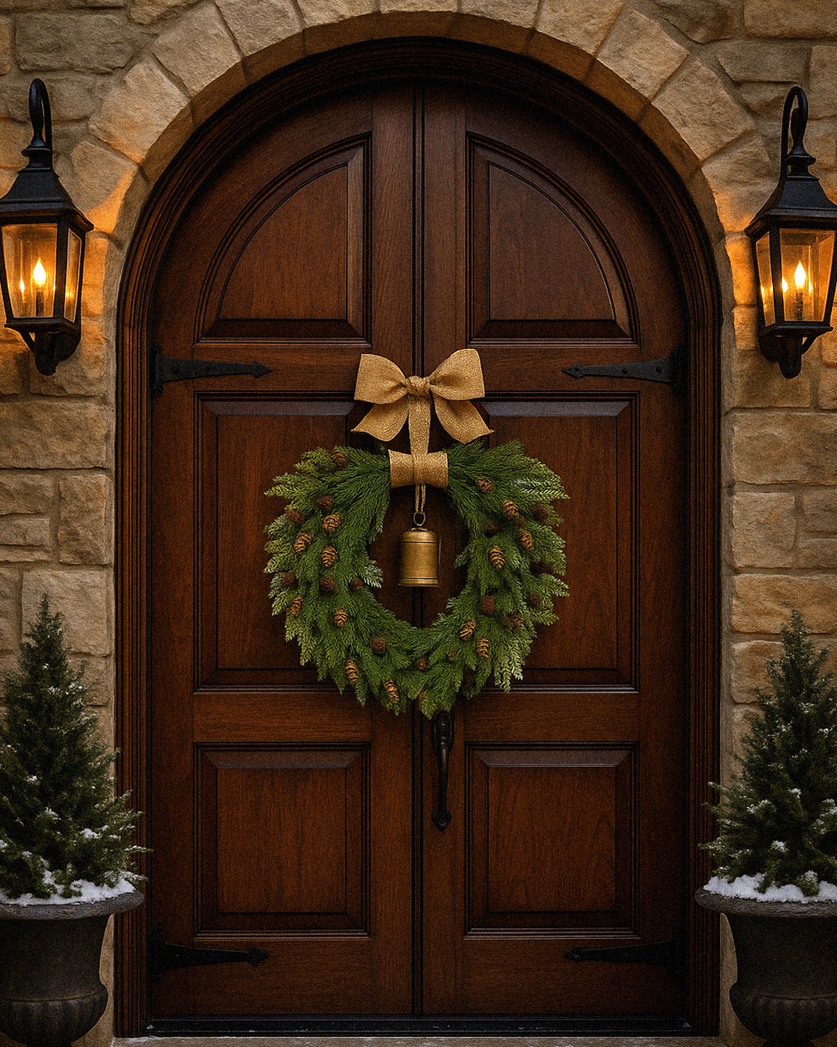 21" Rustic Christmas Wreath with Bell & Burlap Bow – Holiday Door Decor