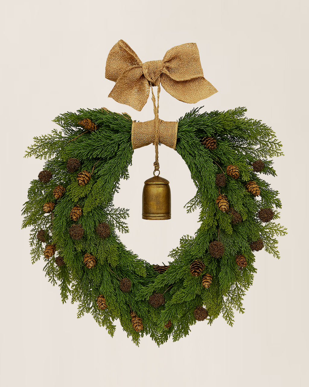21" Rustic Christmas Wreath with Bell & Burlap Bow – Holiday Door Decor