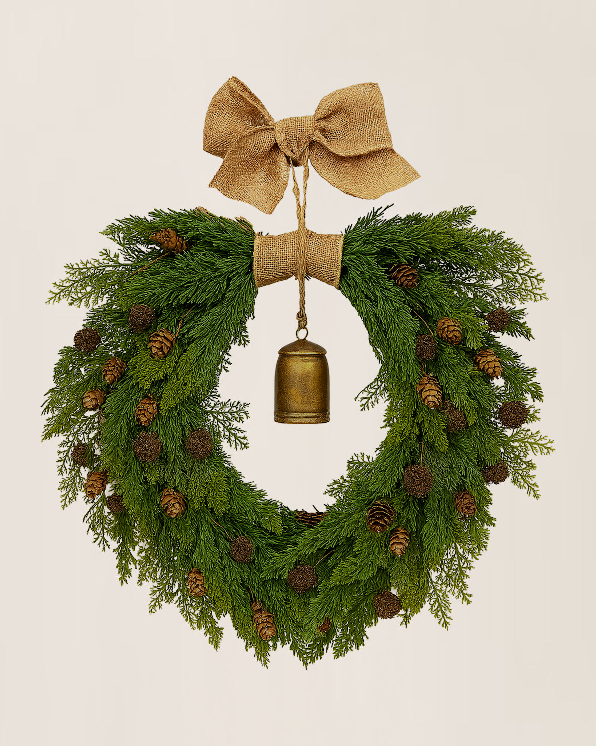 15" Rustic Christmas Wreath with Bell & Burlap Bow – Holiday Door Decor