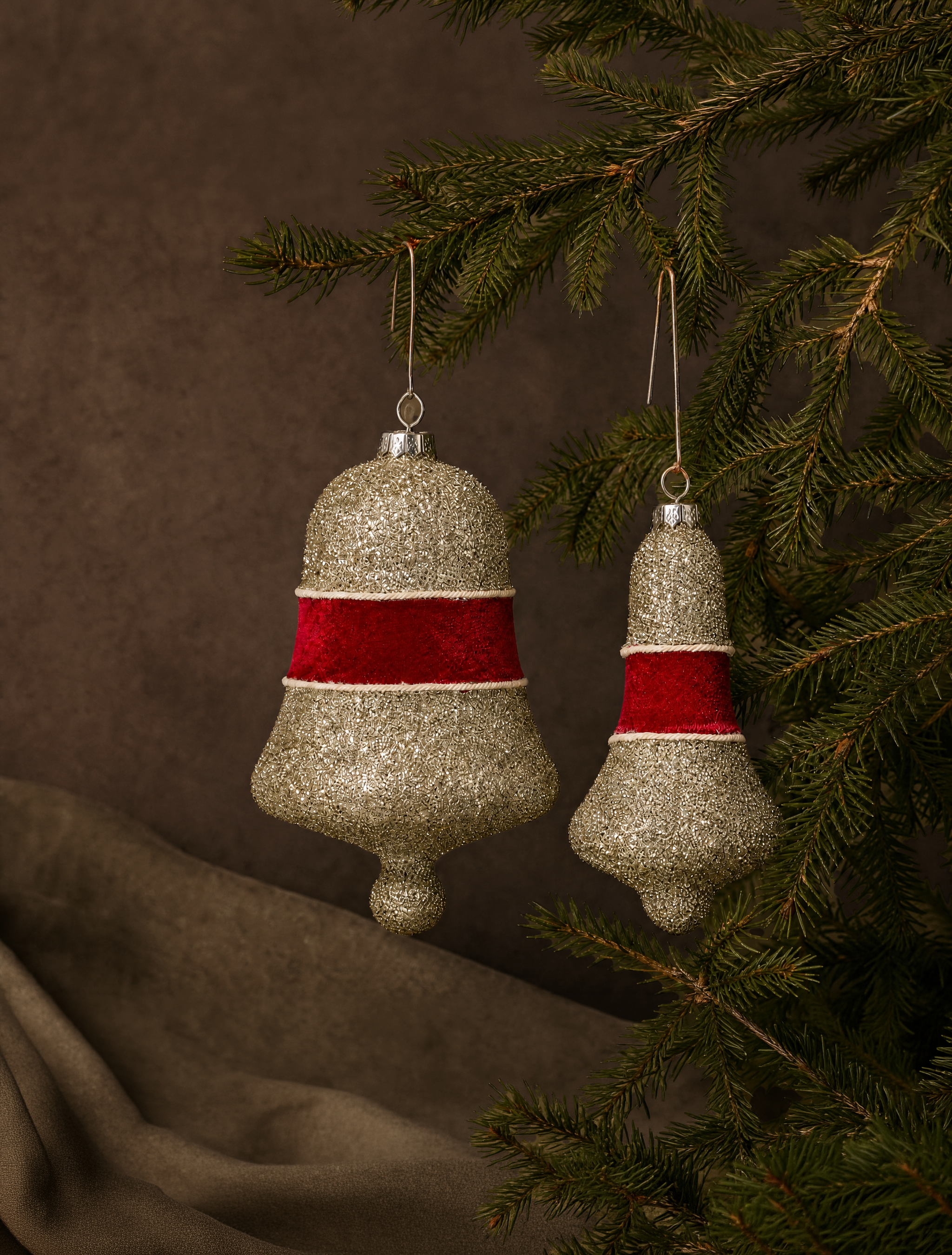 Burgundy Velvet and Glitter Bell Ornaments