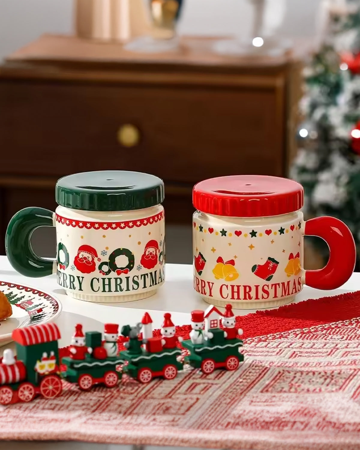 Vintage Bells and Christmas Stockings Mug With Lid - Ivory and Red - Nostalgic Ornament