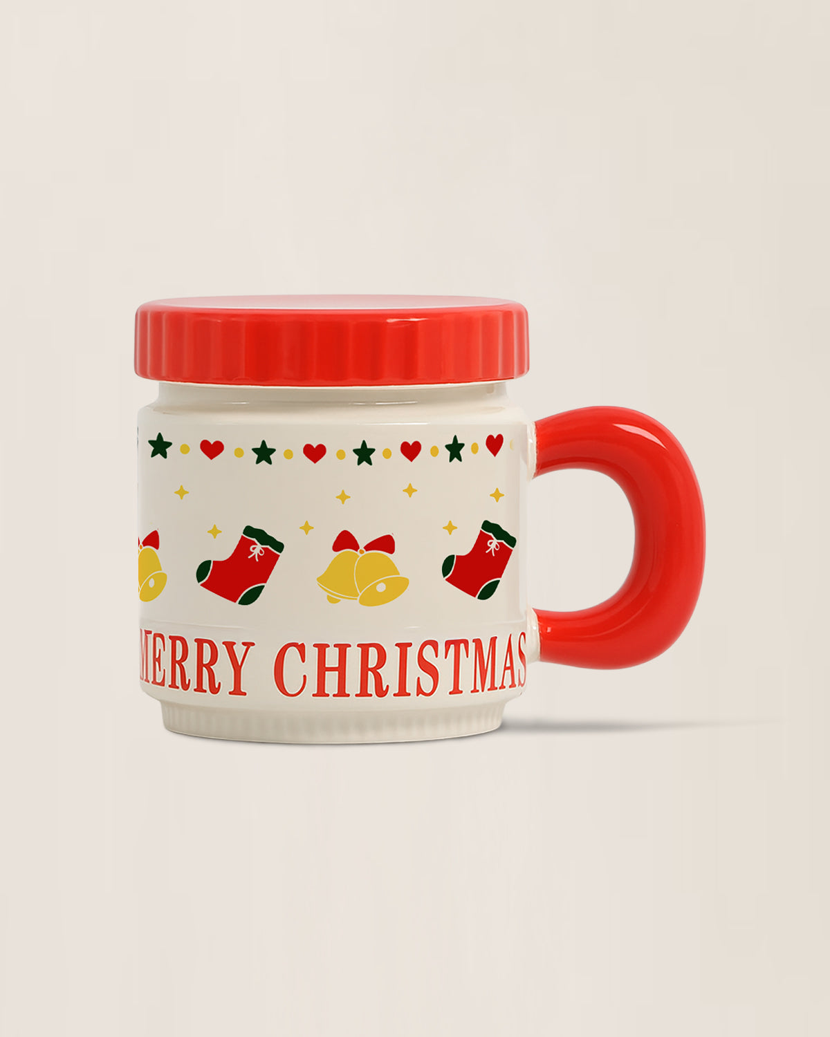 Vintage Bells and Christmas Stockings Mug With Lid - Ivory and Red - Nostalgic Ornament