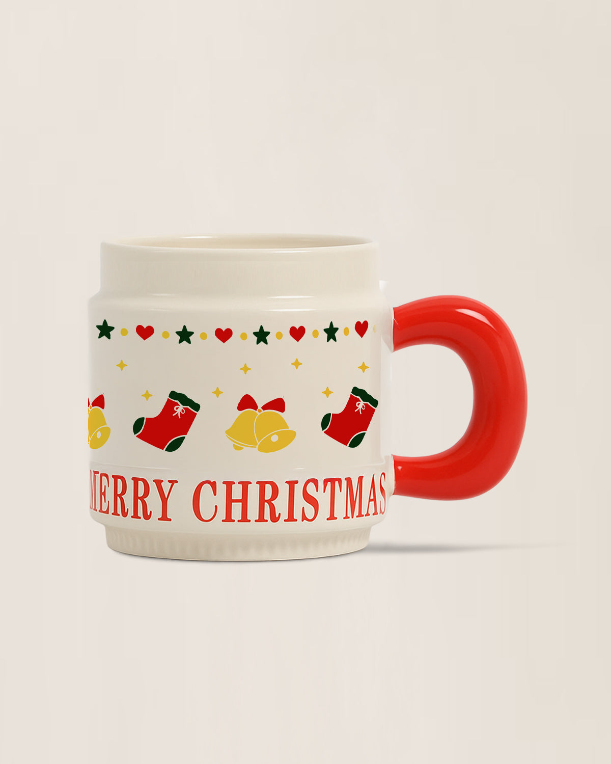 Vintage Bells and Christmas Stockings Mug With Lid - Ivory and Red - Nostalgic Ornament