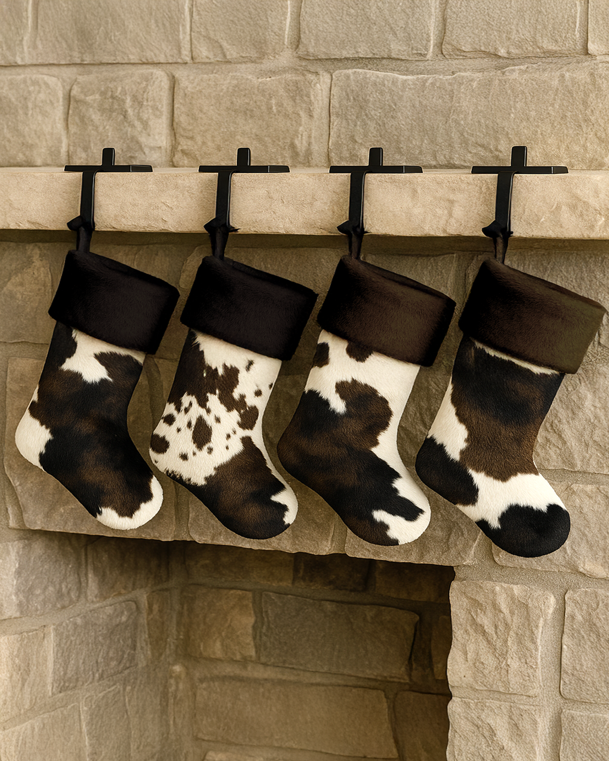 Plush Cow Print Christmas Stocking with Fur Cuff – Western Christmas Decor, Farmhouse Holiday Mantel Stocking, Modern Rustic Christmas